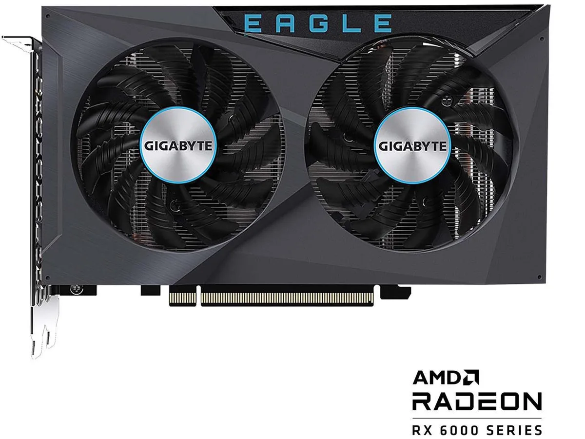Gigabyte Eagle Radeon RX 6500 XT graphics card with dual-fan cooler in black and silver finish