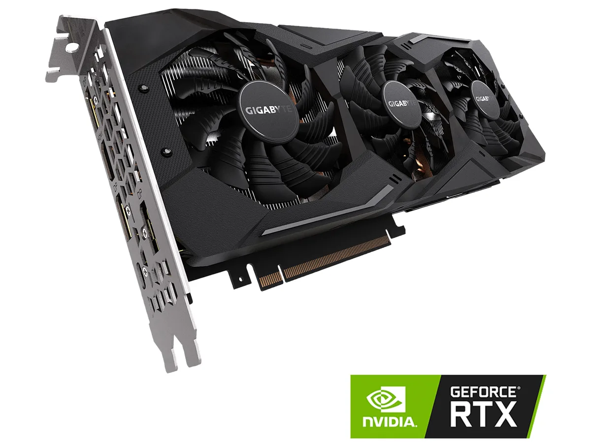 Black triple-fan graphics card with silver backplate and metal bracket showing HDMI DisplayPort and USB-C ports