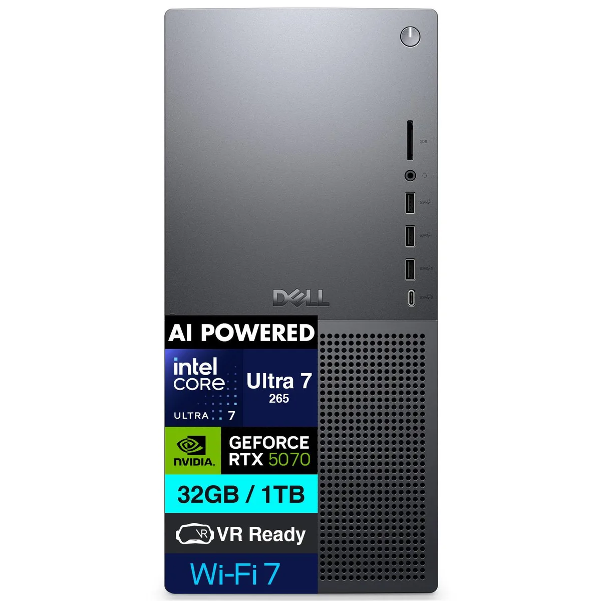 Black Dell tower desktop with side panel vents and front I/O ports
