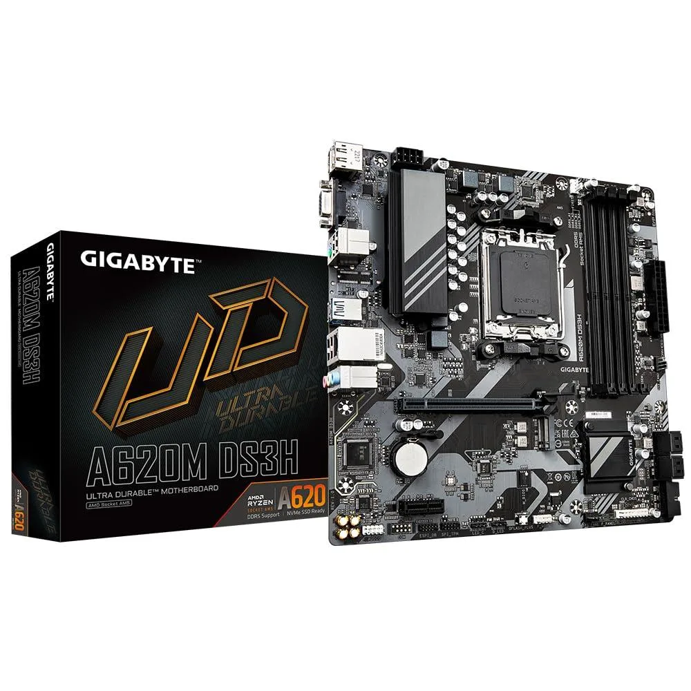 A compact micro-ATX motherboard in matte black with silver heatsinks and reinforced PCIe slot