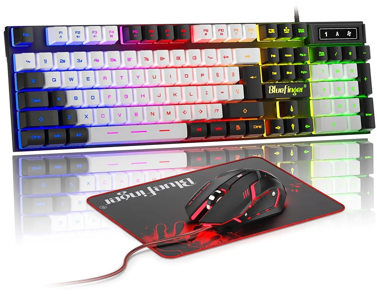 Black wired keyboard with 104 keys, USB mouse with braided cable, cloth mouse pad 12.5 by 9.4 inches