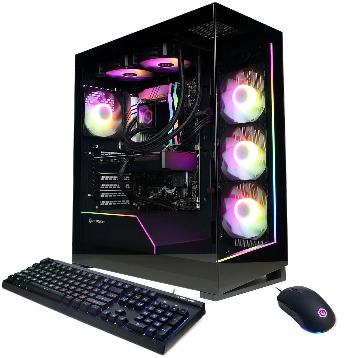 Black mid-tower gaming desktop with liquid cooling visible through glass side panel