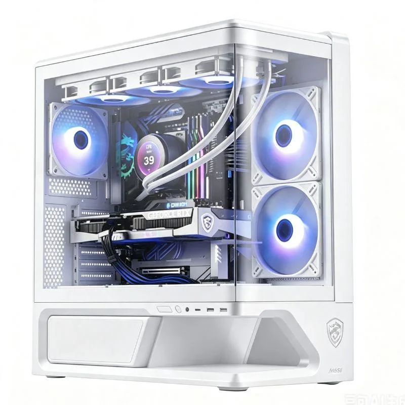 White mid-tower case with L-shaped curved glass, floating base and three ARGB fans