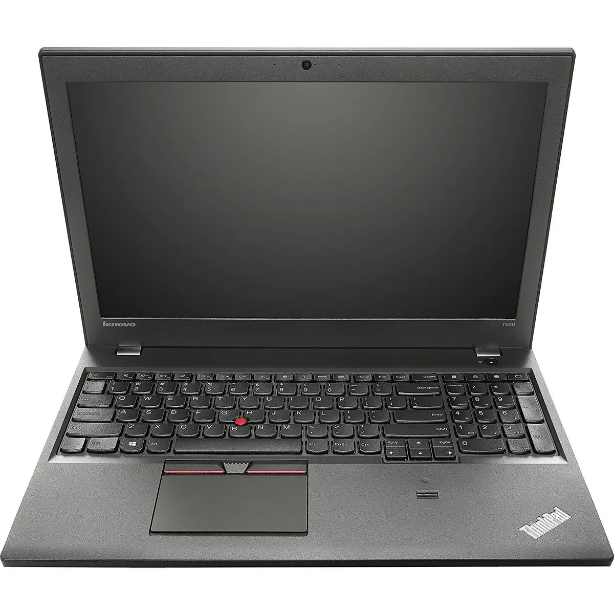 Black ThinkPad T550 laptop closed showing matte finish and red TrackPoint