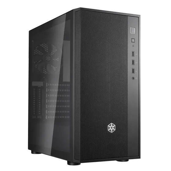 Black mid-tower ATX case with full mesh front panel and tempered glass side panel