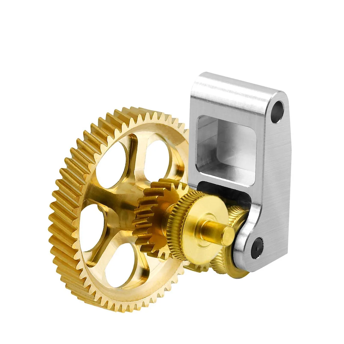 Gold-coloured hardened steel extruder gear with five-spoke hollow design and brass reduction gear