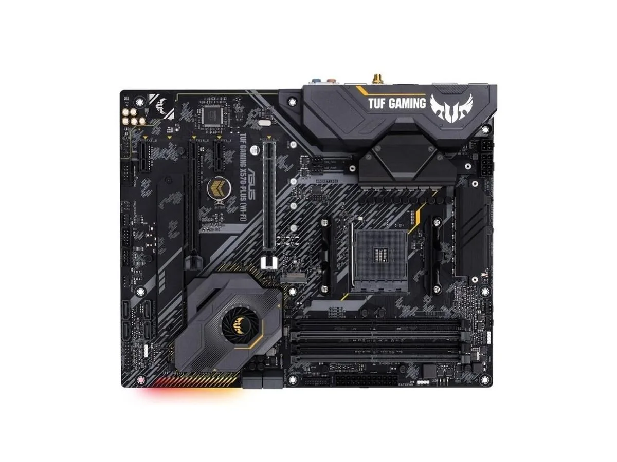ATX motherboard with black and grey finish, AM4 socket, X570 chipset, Wi-Fi antenna included