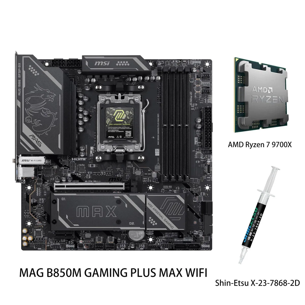 ATX motherboard in dark grey with silver heatsinks and included Ryzen 7 9700X CPU