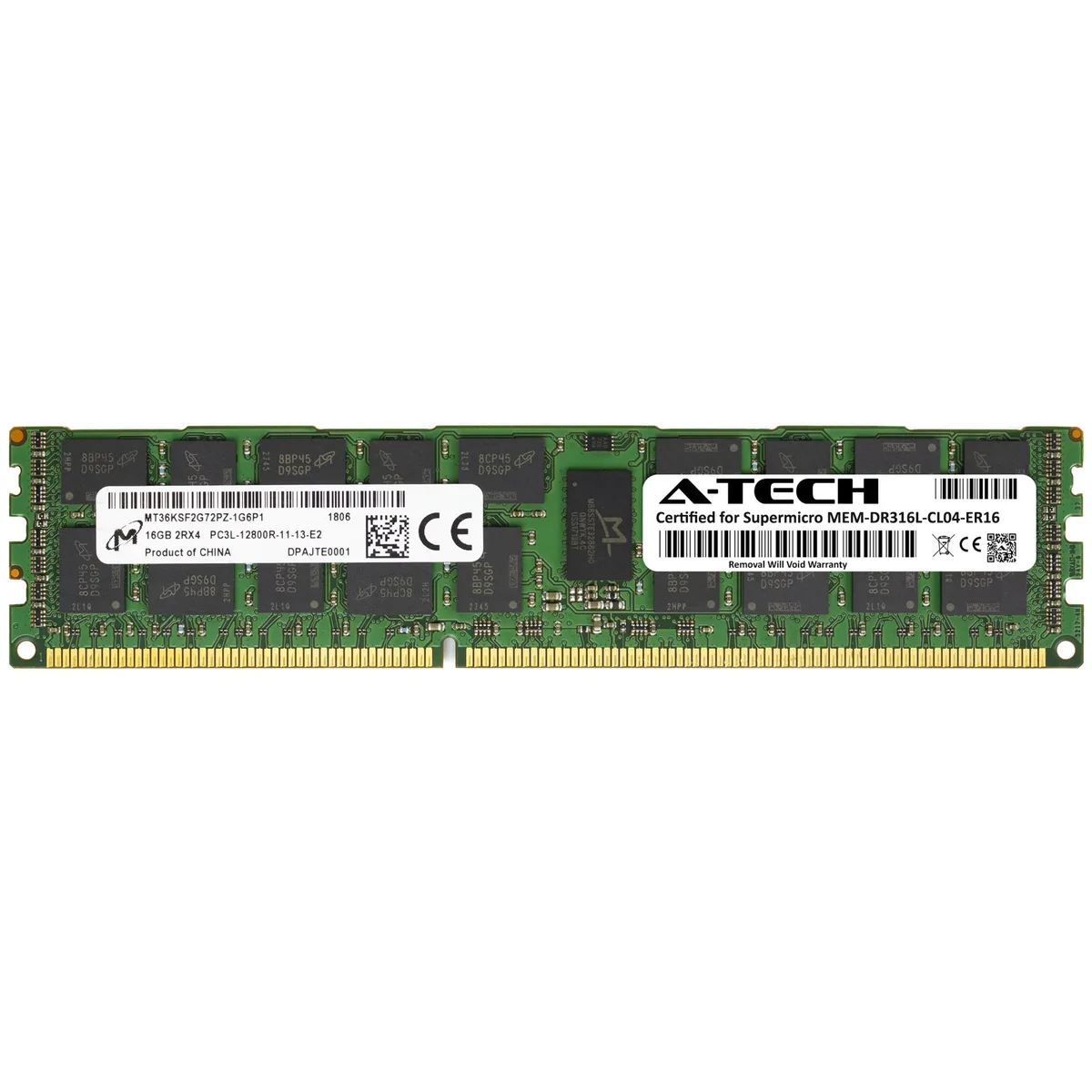 Green 240-pin DDR3L RDIMM with black memory chips and a white label