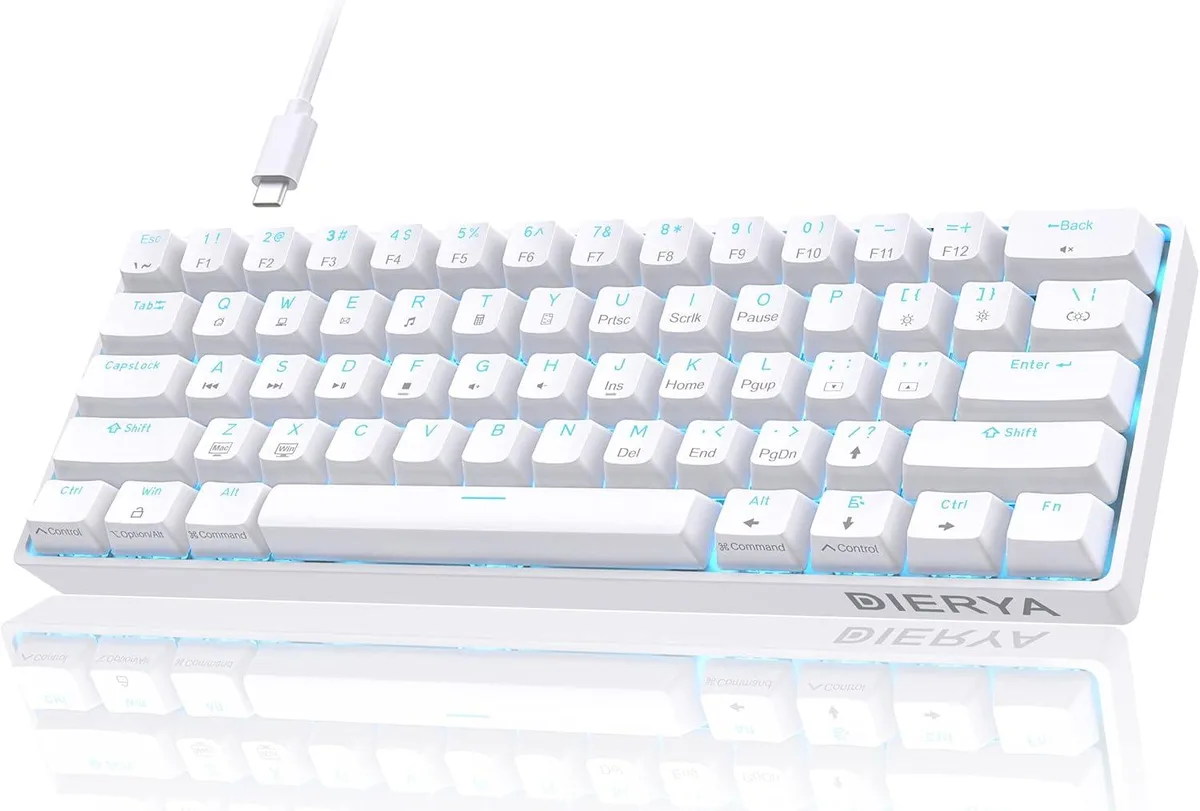 White ultra-compact 61-key mechanical keyboard with brown switches and LED backlighting