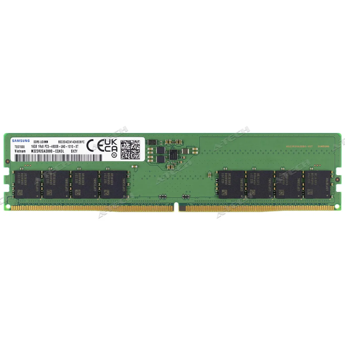 Green circuit board with black memory chips, no heat spreader, 288 gold pins along bottom edge