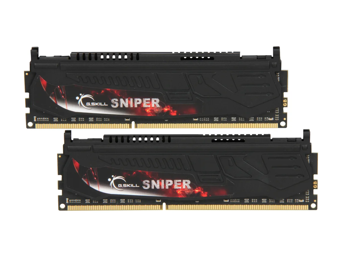 Two green DDR3 DIMMs with low-profile sniper heat spreaders