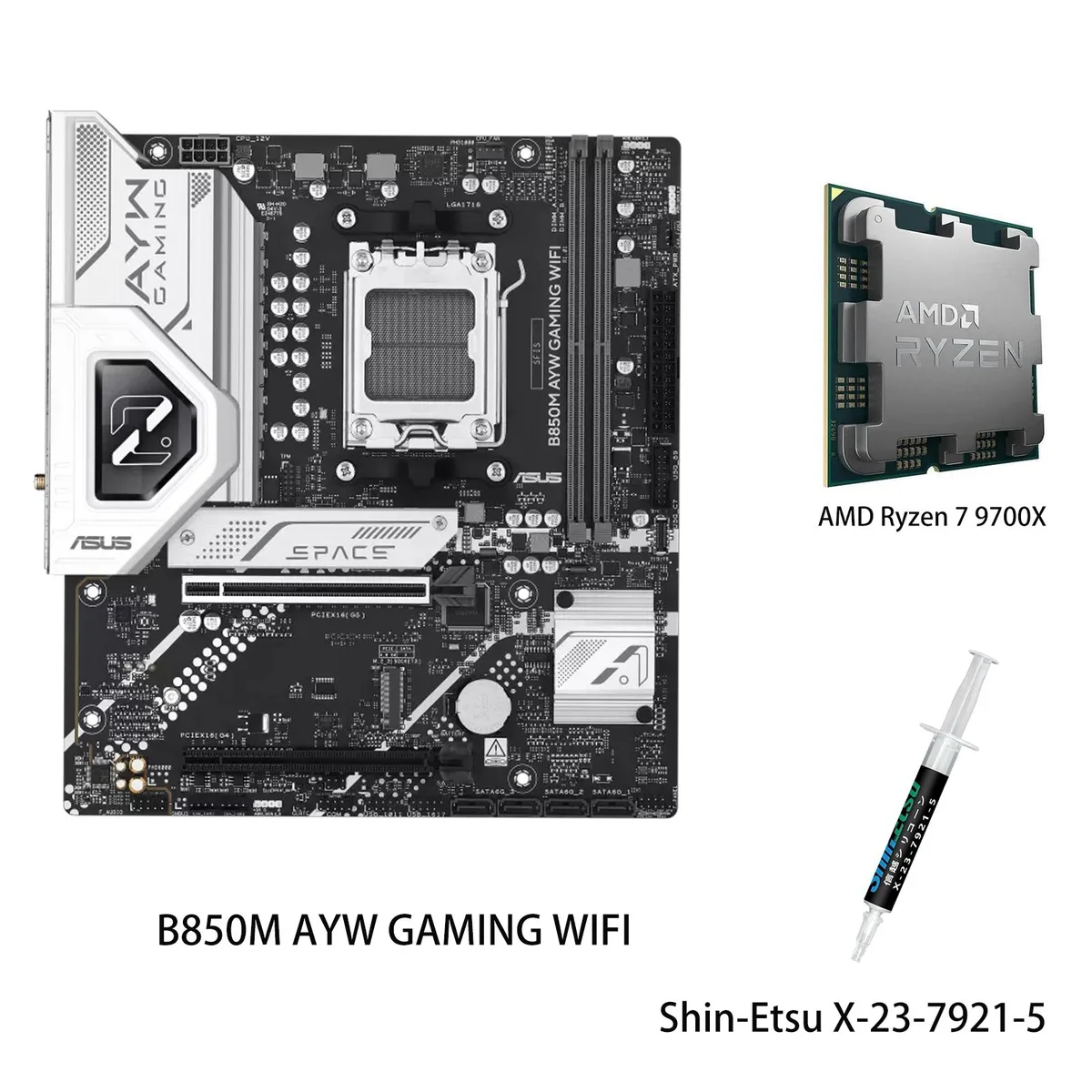 ASUS B850M AYW GAMING WIFI micro-ATX motherboard with Ryzen 7 9700X CPU, dark PCB and silver heatsinks