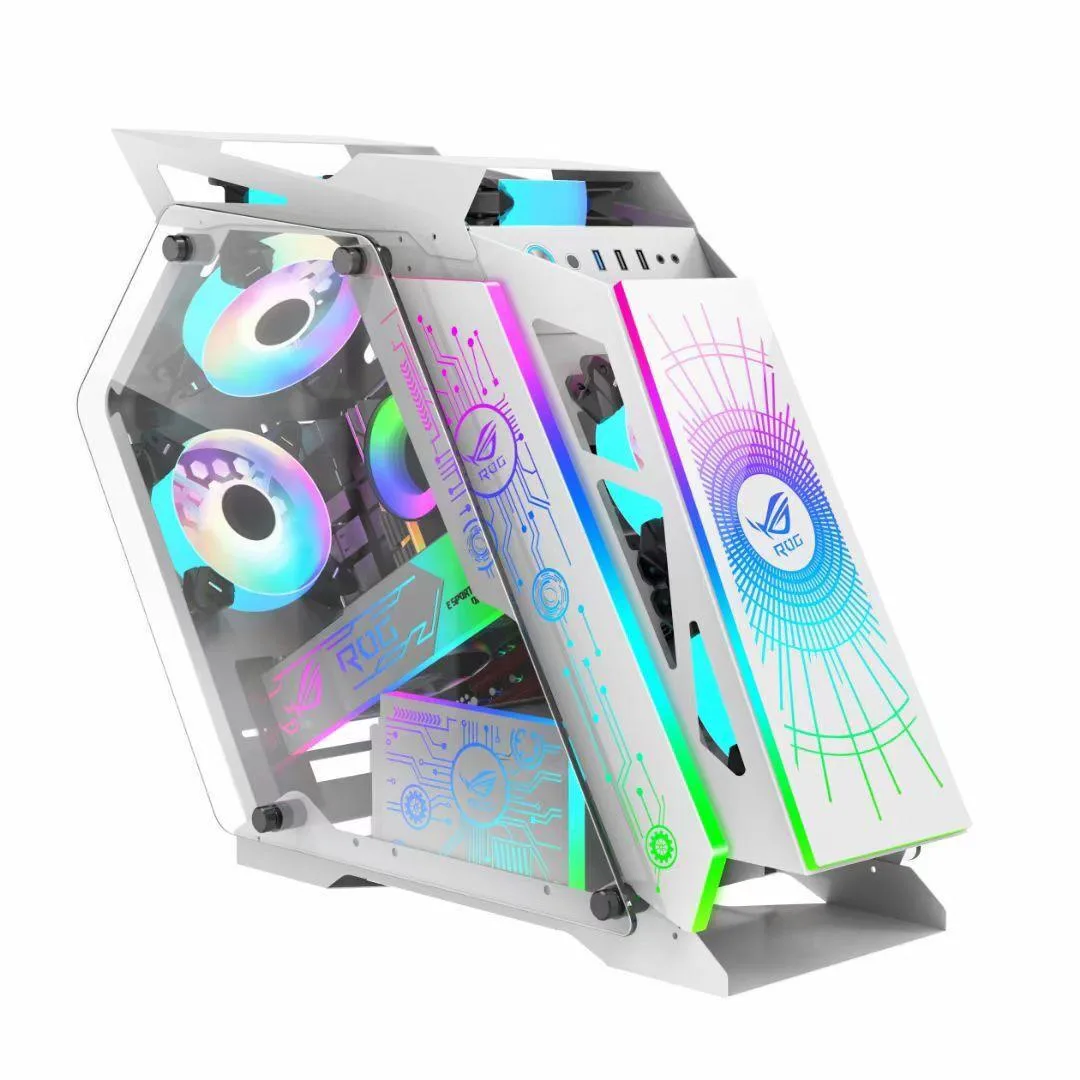 White open-frame Micro-ATX case with tempered glass side panel and six 120mm RGB fans