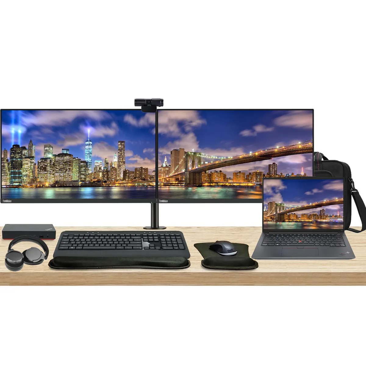 Lenovo E14 Gen 5 laptop, two 24-inch monitors on dual stand, USB-C dock, wireless keyboard and mouse, webcam, headphones, gel pad