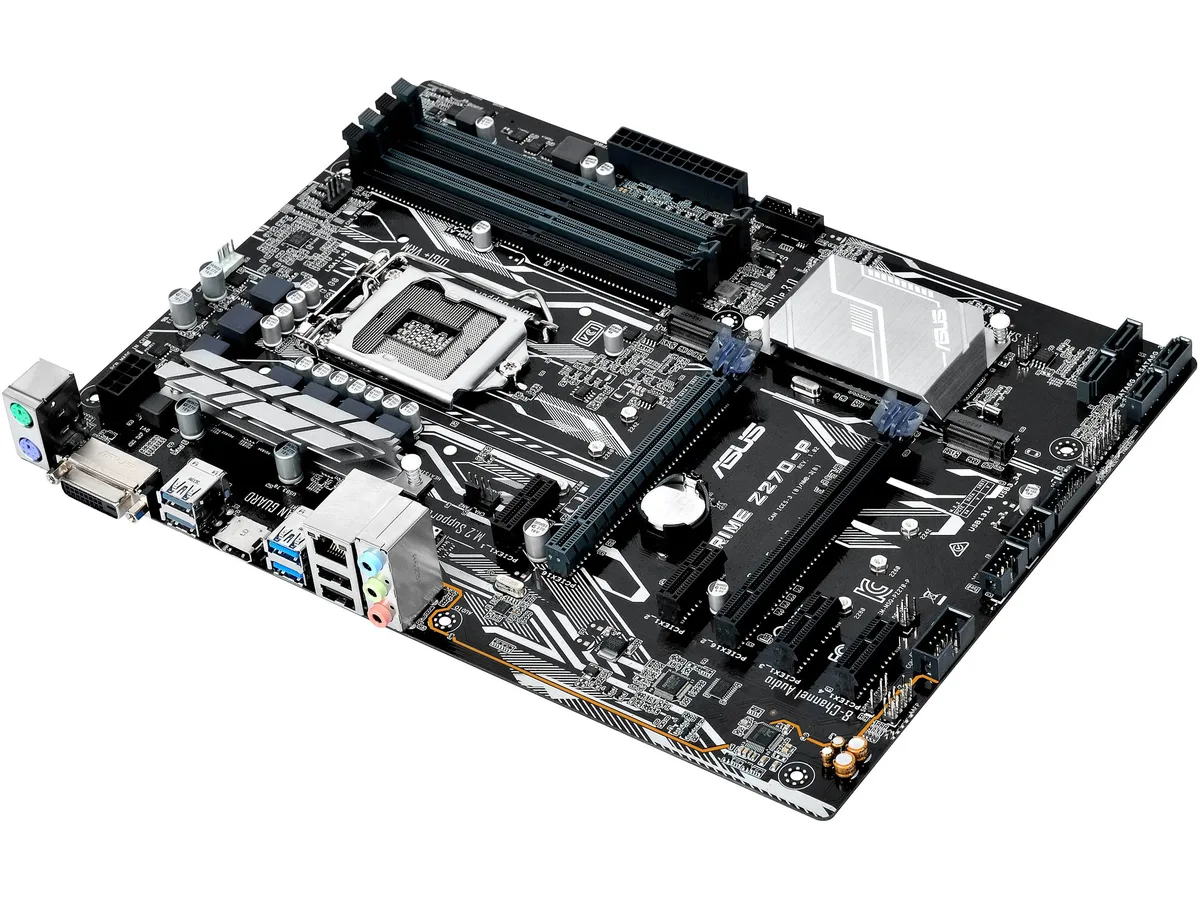 Green rectangular ATX motherboard with silver CPU socket, four black memory slots, grey SATA ports and black expansion slots