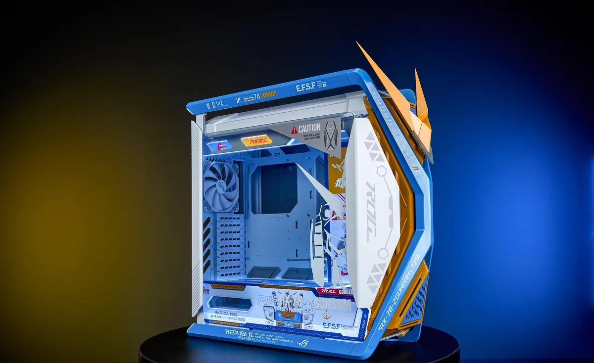 White full-tower PC case with tempered glass side panels, four 140 mm fans and metal GPU holder