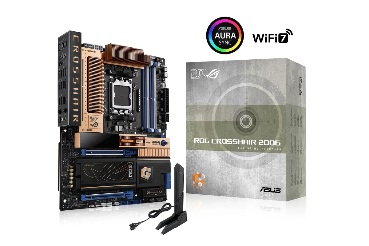 ATX motherboard with copper finish and small OLED display