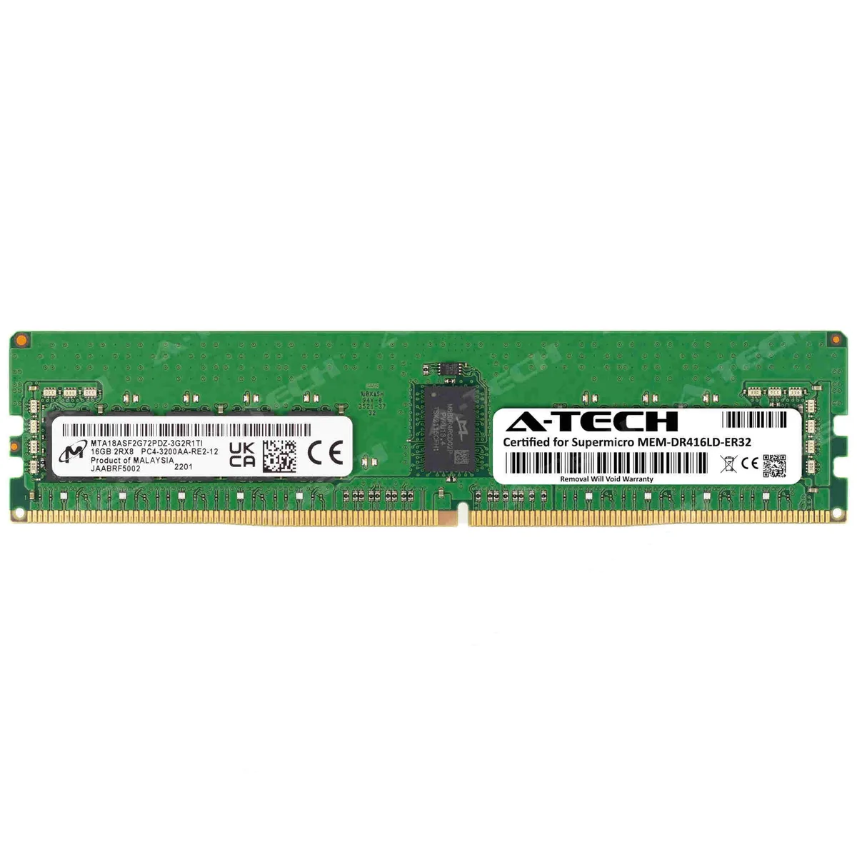 Green PCB memory module with silver heatsink and gold edge connectors
