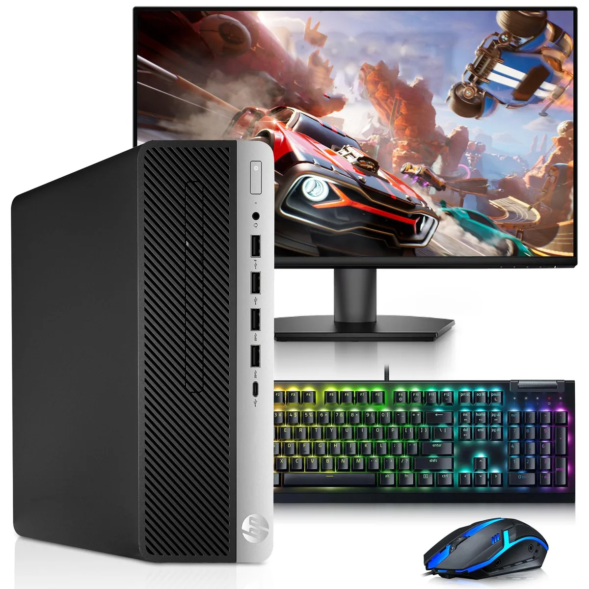 Compact black tower with 24 inch monitor keyboard mouse