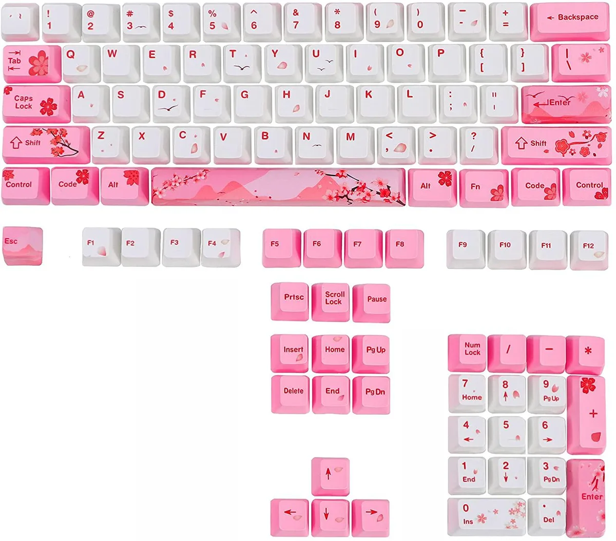 Set of 104 pink and white PBT keycaps in OEM profile arranged on a board