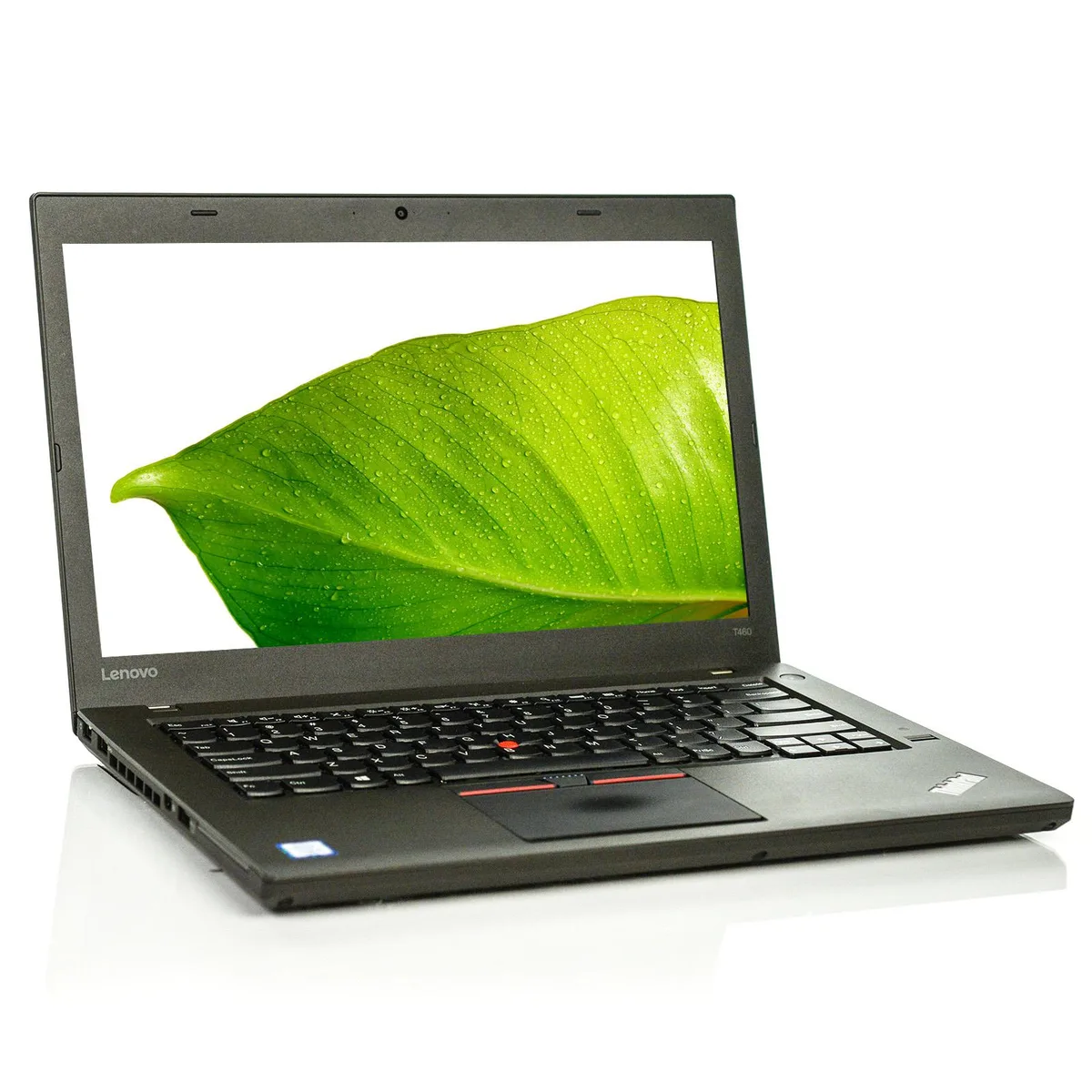 Black ThinkPad T460 laptop closed showing matte finish and red TrackPoint nub