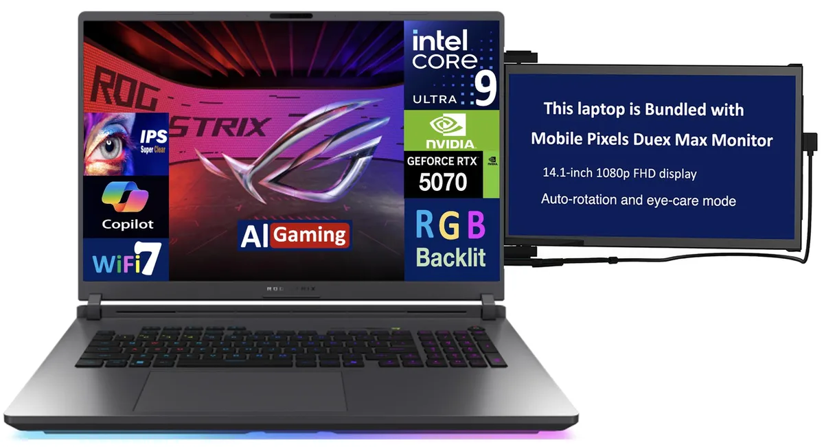 Gray 18-inch gaming laptop with attached 14-inch portable monitor