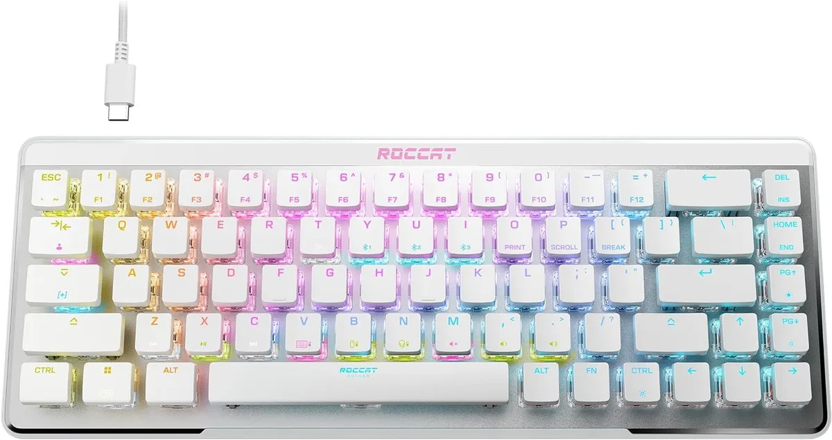 Compact white 65% wireless keyboard with anodized aluminum top plate and RGB lighting