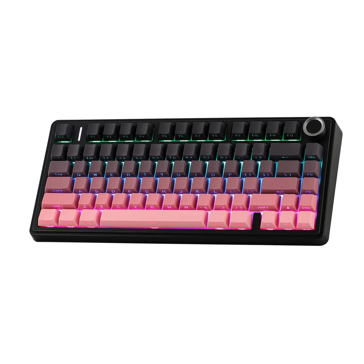 Compact 75% wireless mechanical keyboard in black and pink with a rotary knob