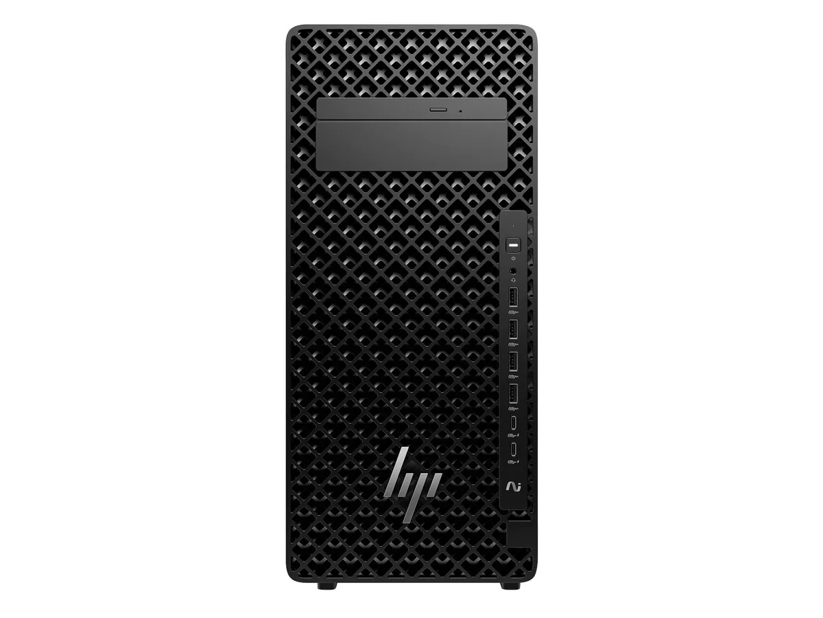 Black vertical tower workstation with lattice venting and silver accents