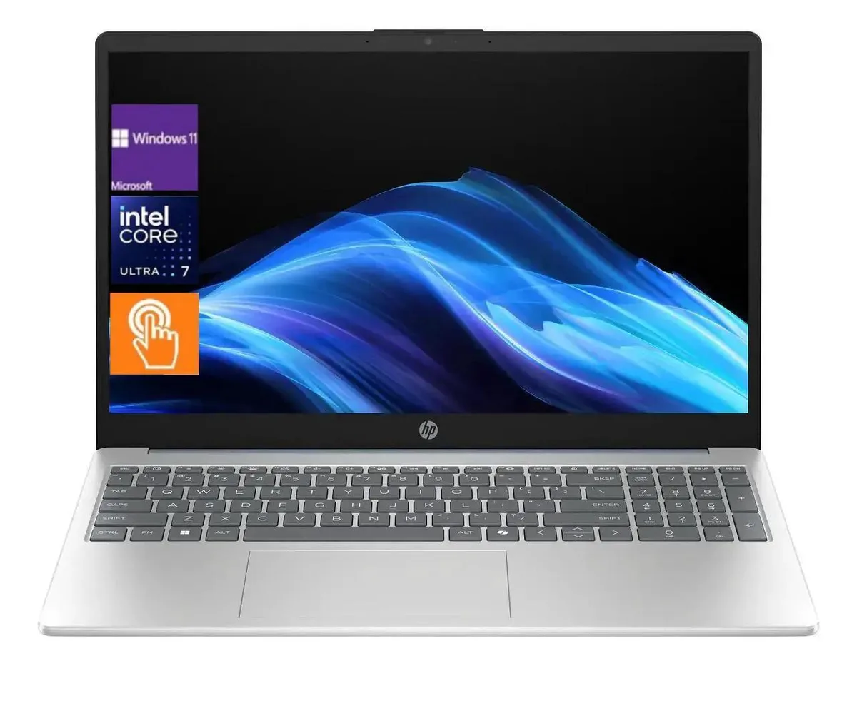 Moonlight Blue 15.6 inch touchscreen laptop, slim silver chassis, backlit keyboard visible