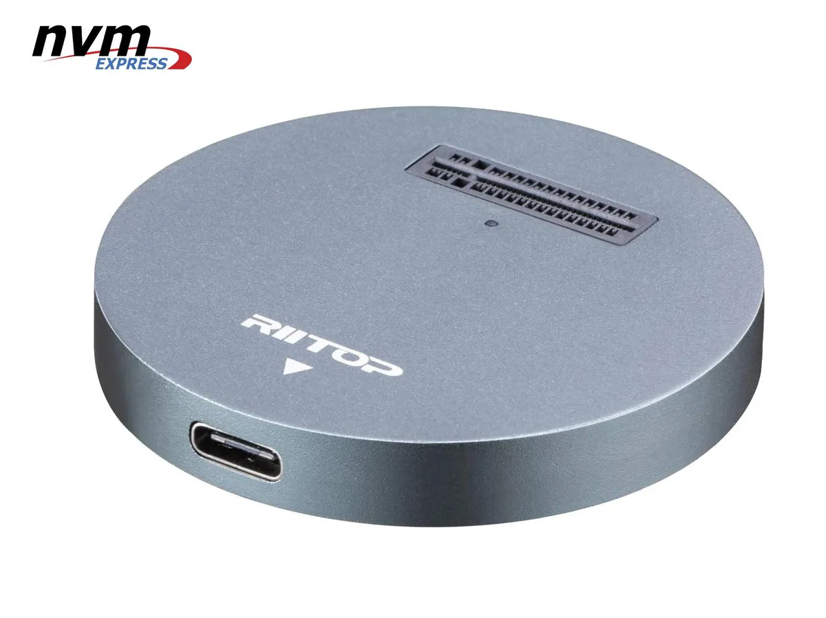 Gray aluminum NVMe enclosure with USB-C cable and adapter, 2.16 inch square