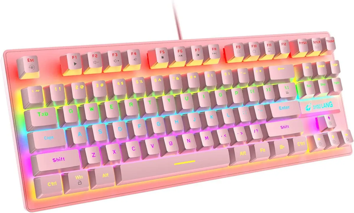 Pink compact 87-key wired mechanical keyboard with rainbow backlighting