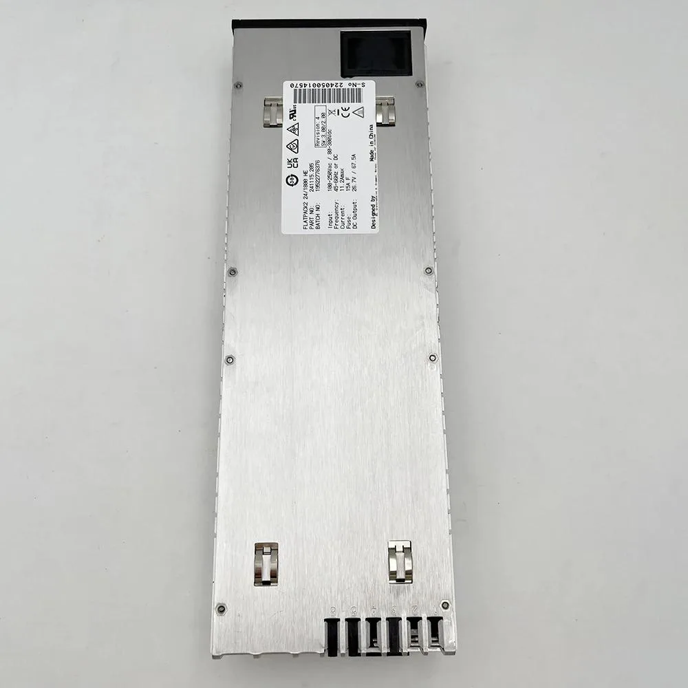Rectangular silver metal power supply module with front handle and ventilation slots