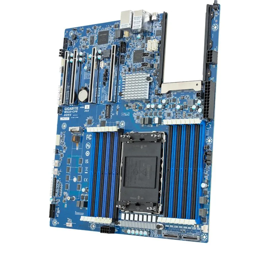 Green E-ATX server motherboard with silver LGA 4677 socket, sixteen black DDR5 DIMM slots and multiple PCIe x16 slots