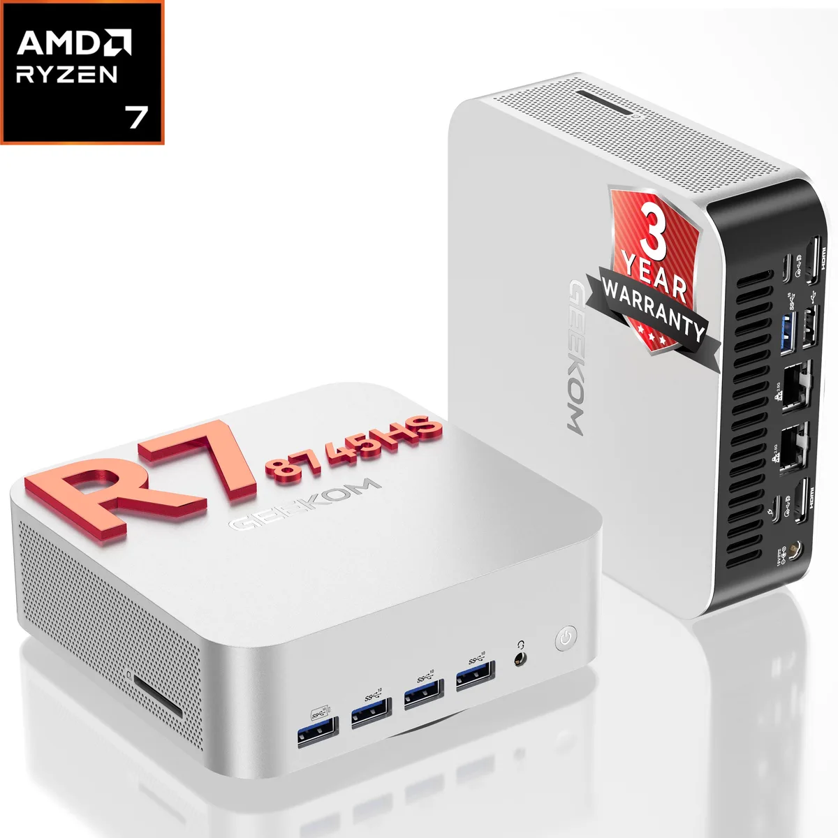 Silver mini PC, compact square shape, smooth matte finish