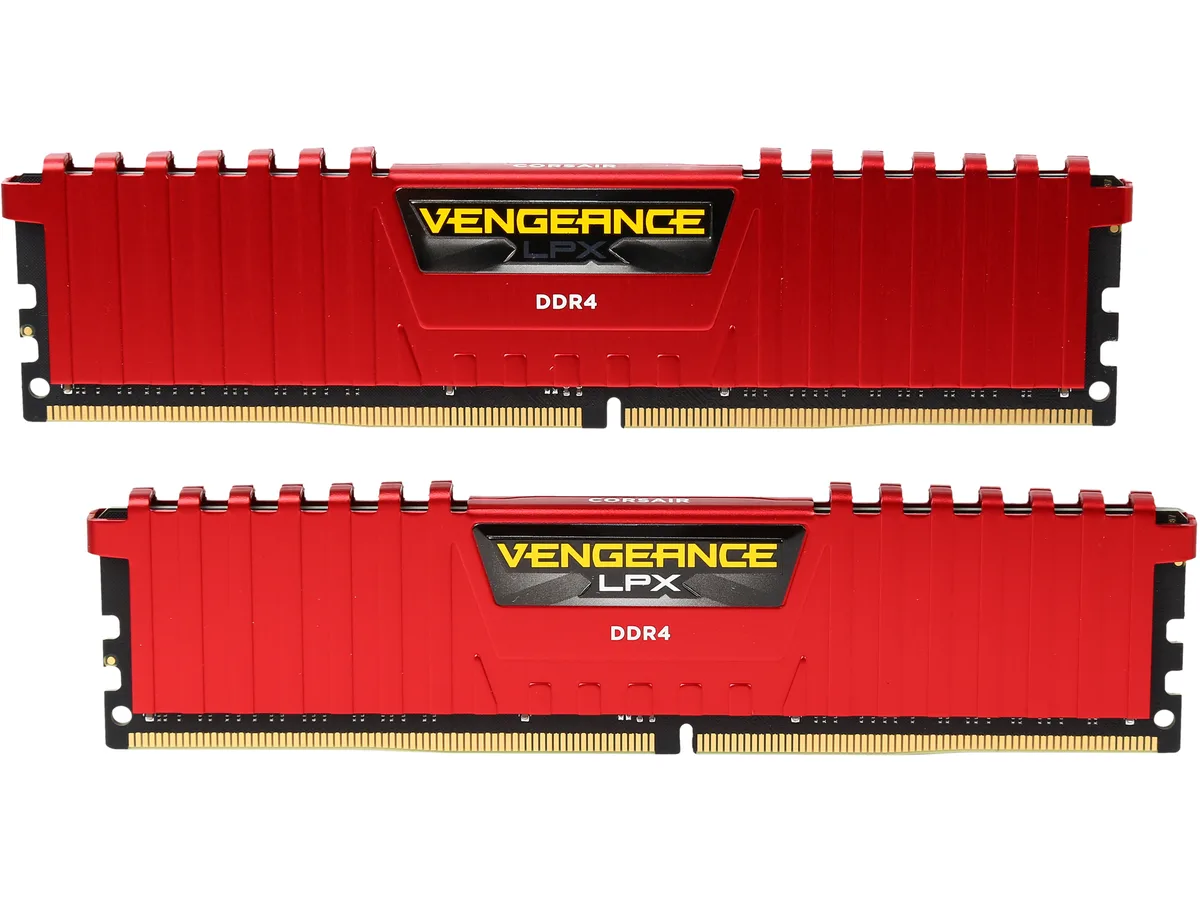 Two red low-profile DDR4 sticks with anodized aluminium heat spreaders