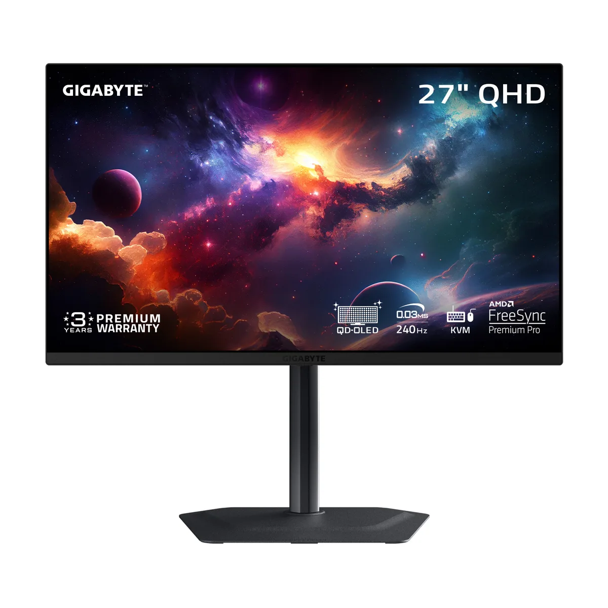 27 inch flat black QD-OLED gaming monitor on height tilt stand
