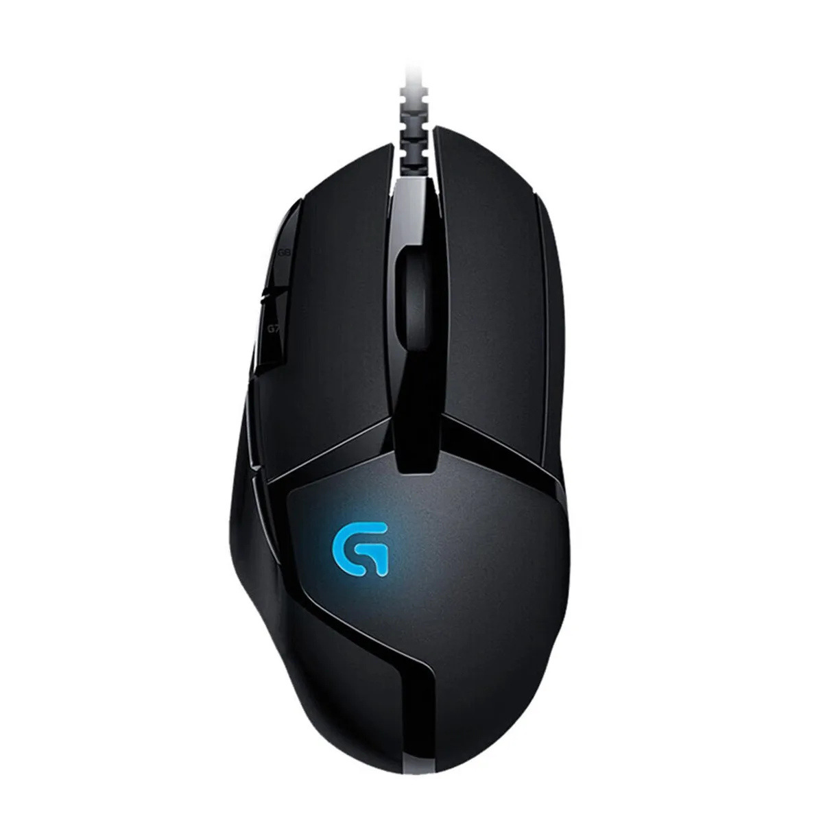Black wired gaming mouse with seven buttons and ergonomic shape