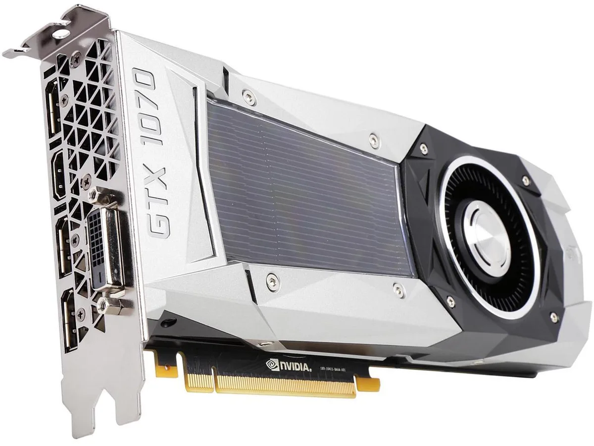 Silver rectangular graphics card with single black fan and angular metal shroud