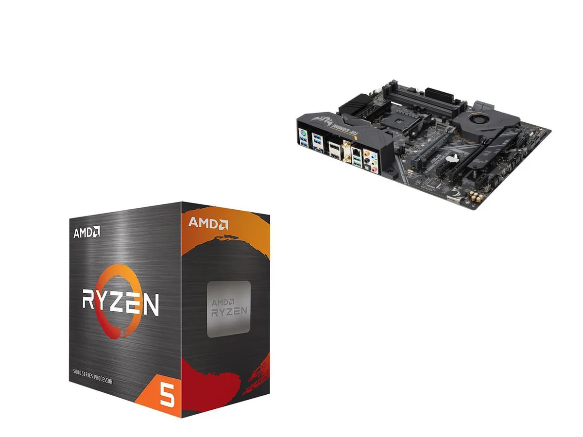 ATX motherboard in black and yellow with large heatsinks and bundled Ryzen 5 5500 CPU