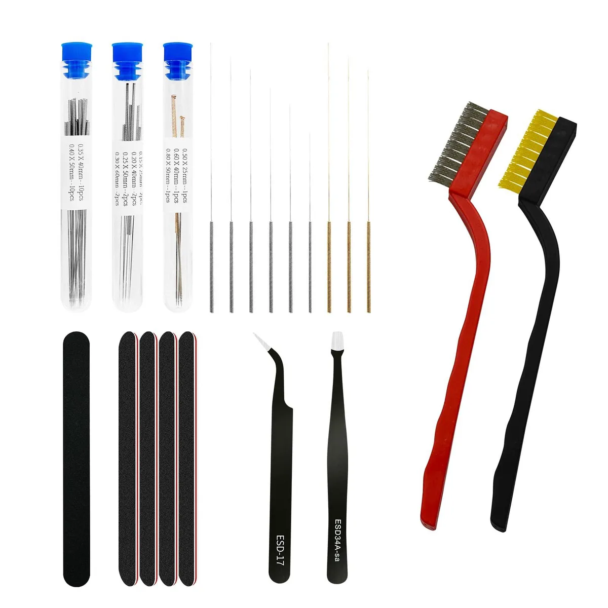 Compact toolbox with stainless needles, brass and steel brushes, sanding strips and tweezers