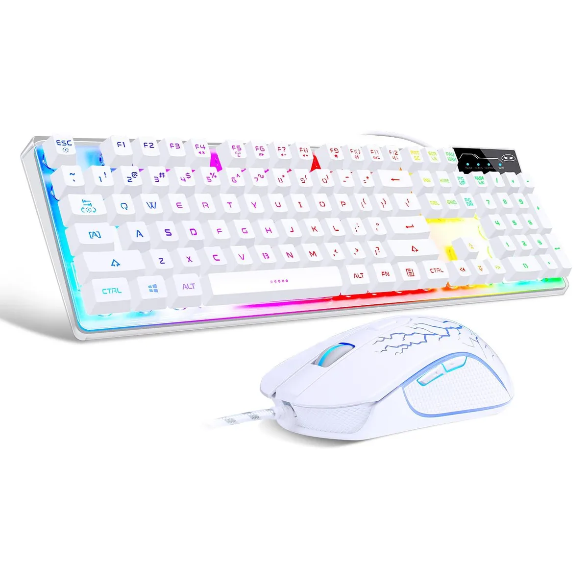 White full-size wired keyboard with RGB backlight and matching mouse