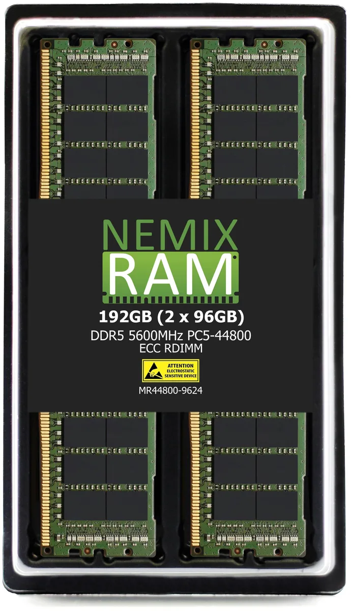 Two green DDR5 RDIMM sticks, bare chips, no heat spreader