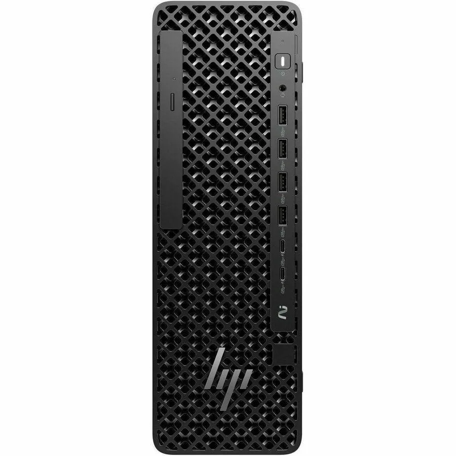 Compact silver small-form-factor desktop tower with front vents and USB ports