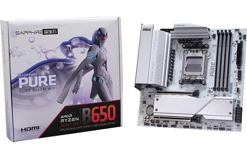 White Micro-ATX motherboard with silver heatsinks and rear I/O panel