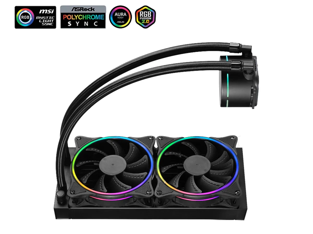 Black 240 mm AIO liquid cooler with two 120 mm ARGB fans and illuminated pump head