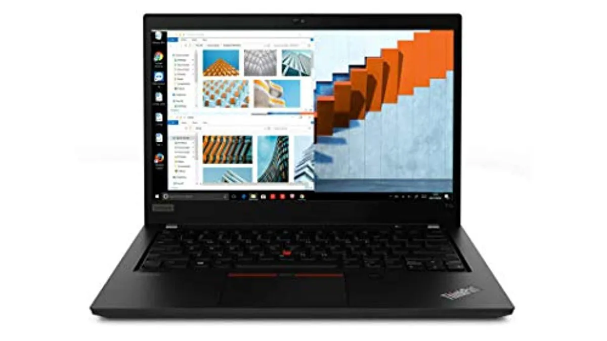 Black ThinkPad T14 Gen 1 clamshell laptop, 14 inch UHD glossy display, matte chassis, webcam above screen