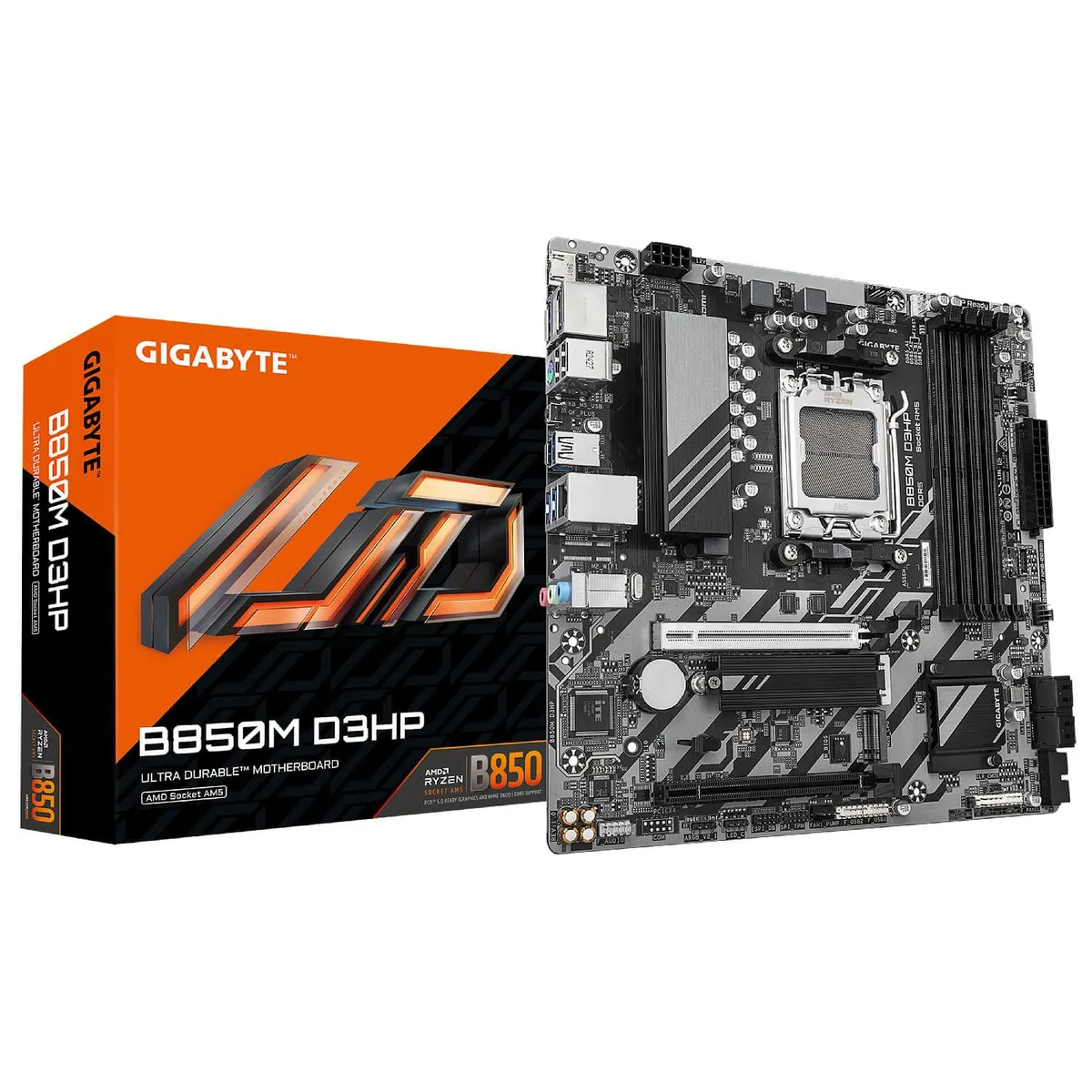 Micro ATX board in matte black with silver heatsinks and four DDR5 slots