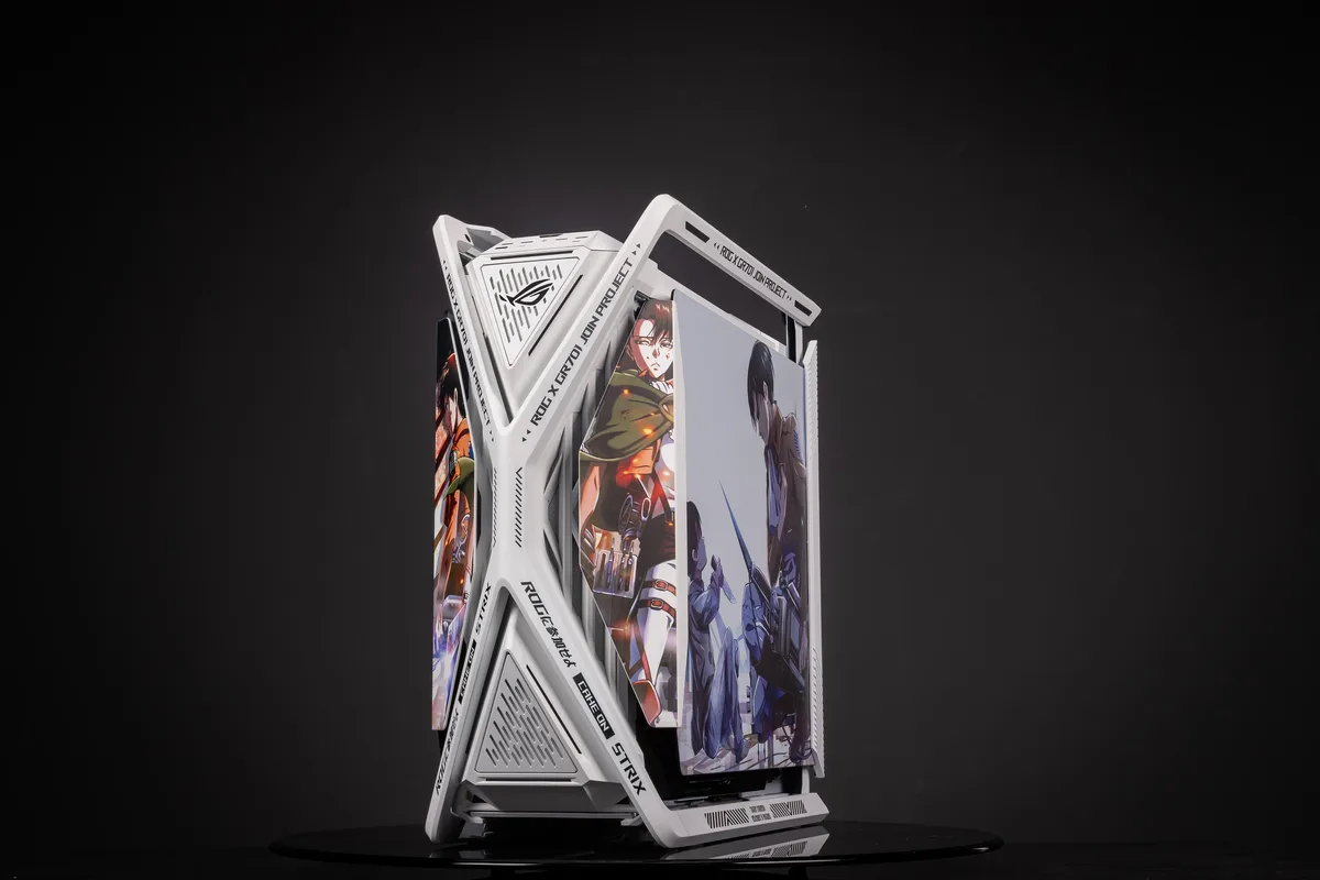 White full-tower E-ATX case with tempered glass side panels and Attack on Titan UV graphics
